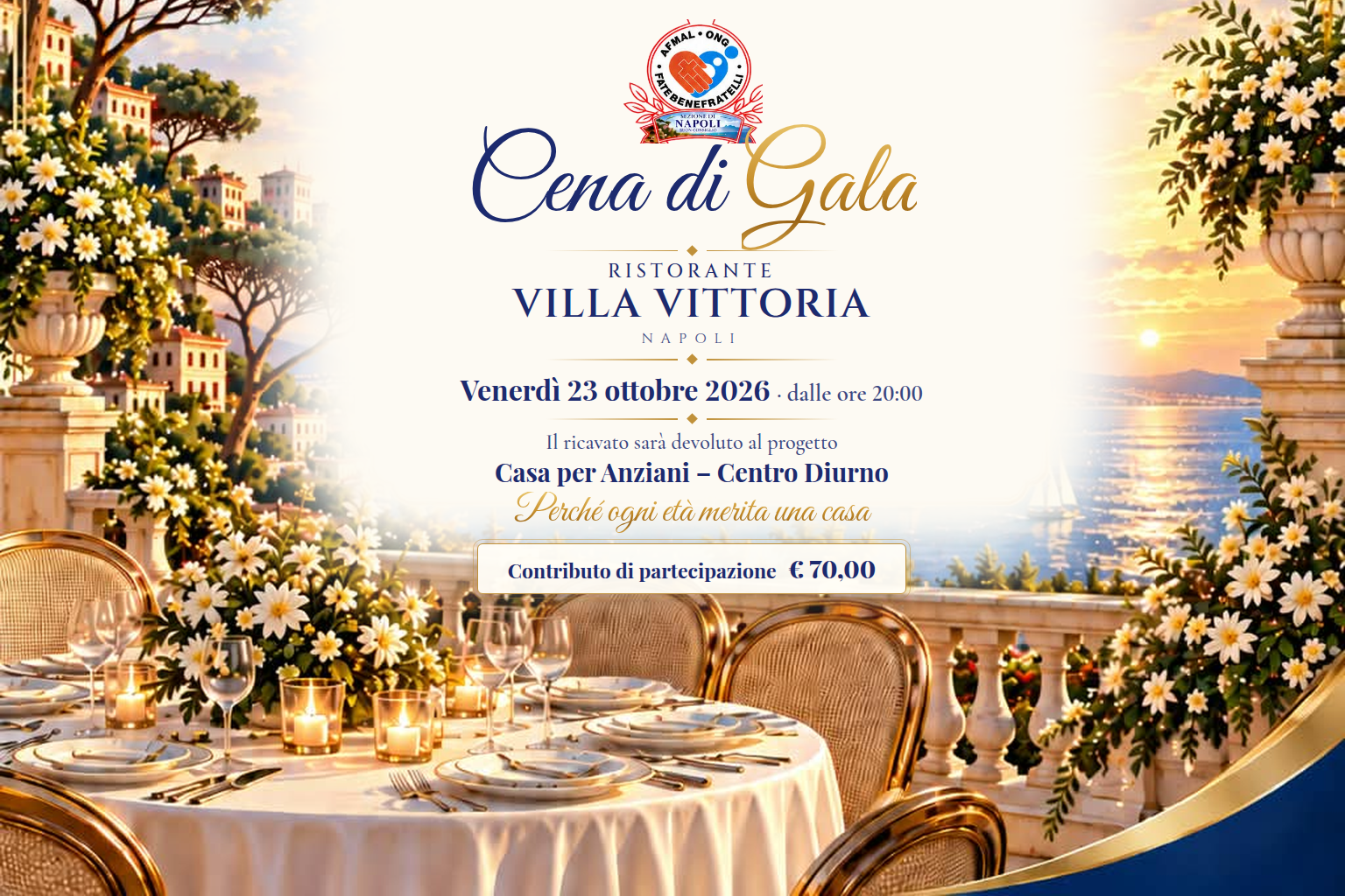 Locandina della Cena di Gala AFMaL del 23 ottobre 2026 a Napoli, a sostegno del progetto Casa per Anziani – Centro Diurno.