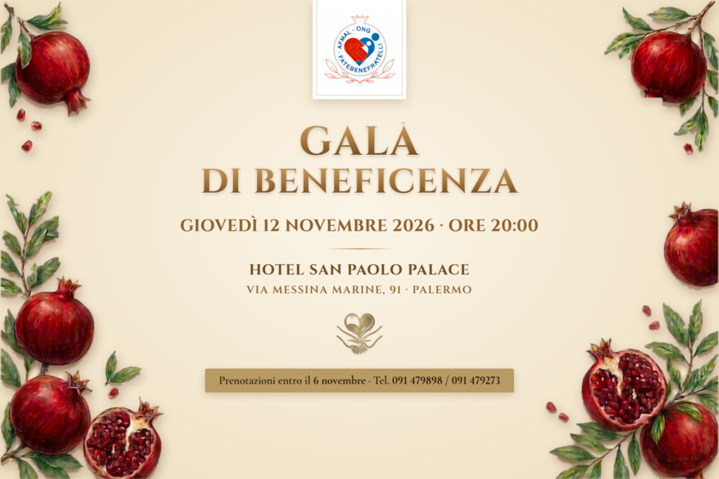 Locandina del Galà di Beneficenza AFMaL del 12 novembre 2026 presso l'Hotel San Paolo Palace di Palermo.
