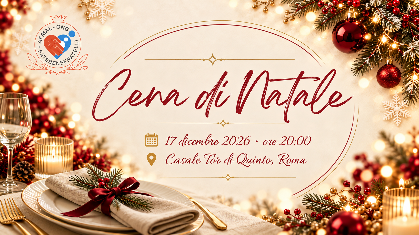 Locandina della Cena di Natale AFMaL del 17 dicembre 2026 presso il Casale Tor di Quinto a Roma.